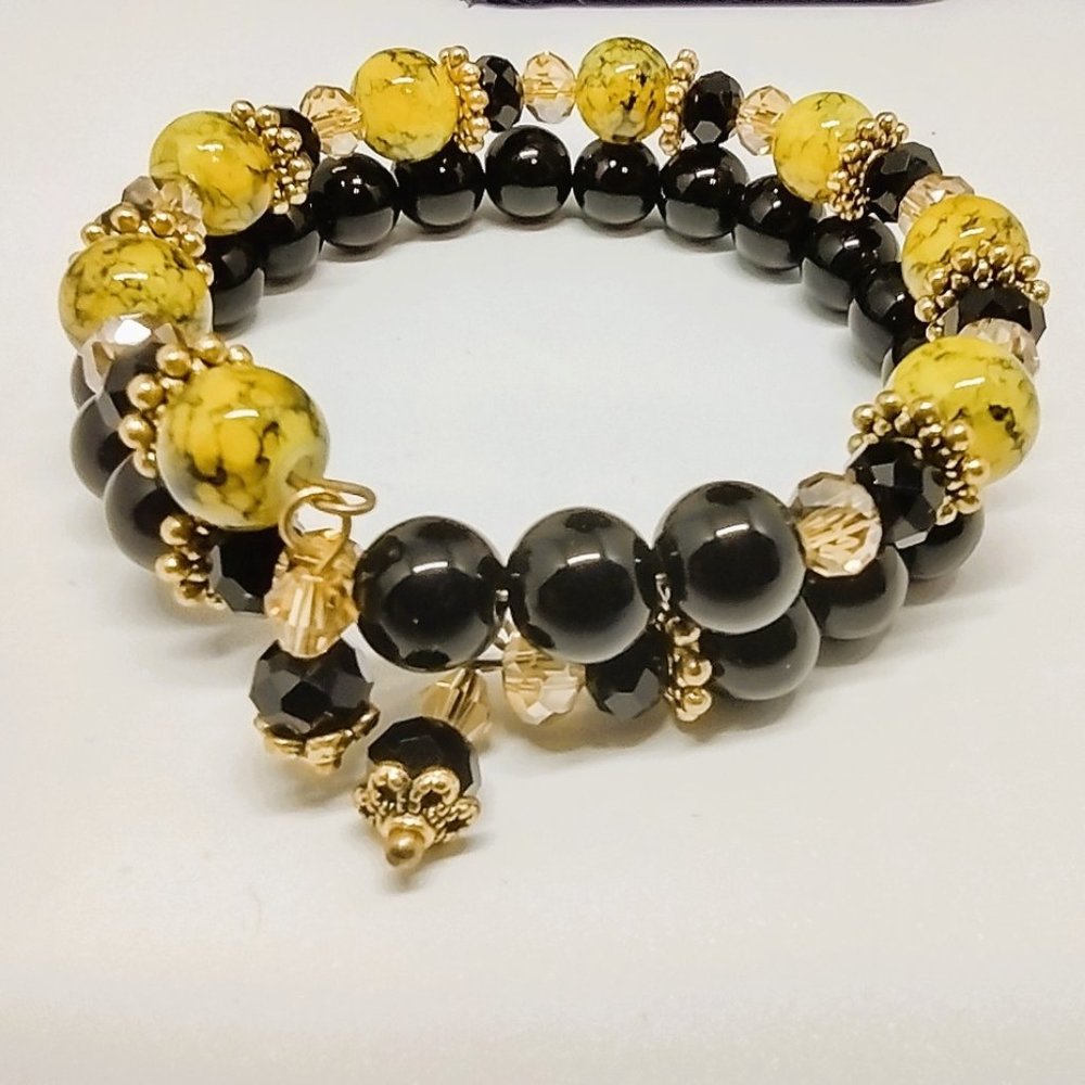 Black Onyx, Spider Agate, Amber and Gold Accent 2 Row Memory Wire Bracelet